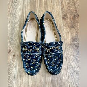 CAbi 6005 Velvet Carnaby Loafer Shoes Size 7 Floral Gold Chain Embelli E…
